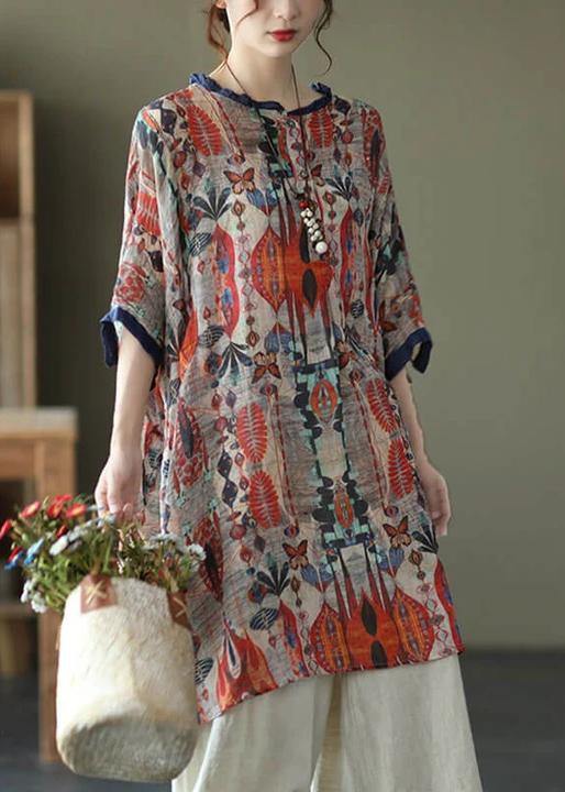 Plus Size -Red Ramie Floral Vintage Women Print Casual Shirt