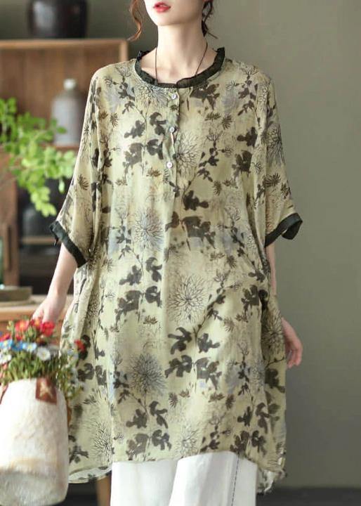 Plus Size -Red Ramie Floral Vintage Women Print Casual Shirt