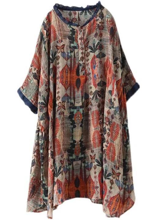 Plus Size -Red Ramie Floral Vintage Women Print Casual Shirt