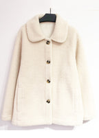 Plus Size Apricot Button Pockets Patchwork Teddy Faux Fur Coats Long Sleeve