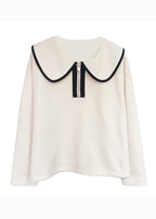 Plus Size Apricot Peter Pan Collar Patchwork Cotton Tops Fall