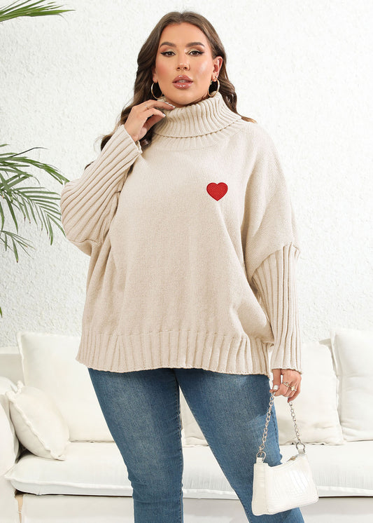 Plus Size Apricot Turtleneck Love Print Thick Knit Sweaters Long Sleeve
