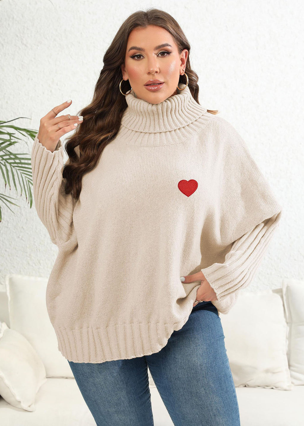 Plus Size Apricot Turtleneck Love Print Thick Knit Sweaters Long Sleeve