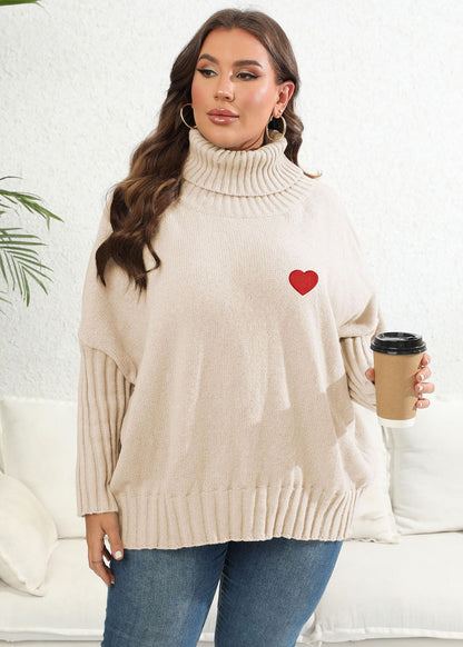Plus Size Apricot Turtleneck Love Print Thick Knit Sweaters Long Sleeve