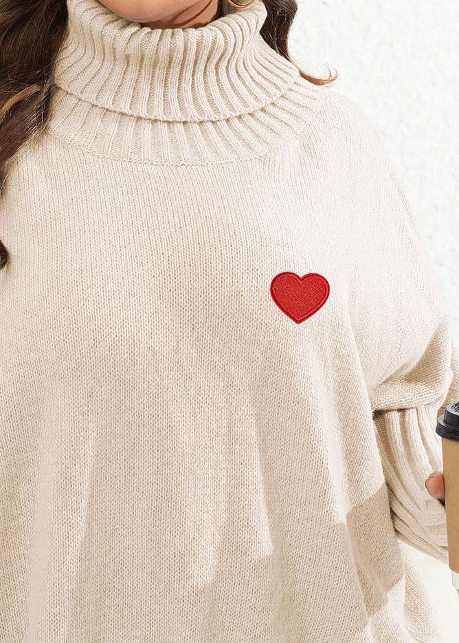 Plus Size Apricot Turtleneck Love Print Thick Knit Sweaters Long Sleeve