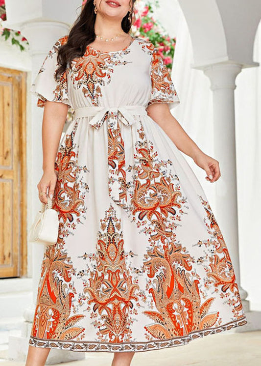 Plus Size Beige Print Tie Waist Patchwork Chiffon Long Dresses Short Sleeve