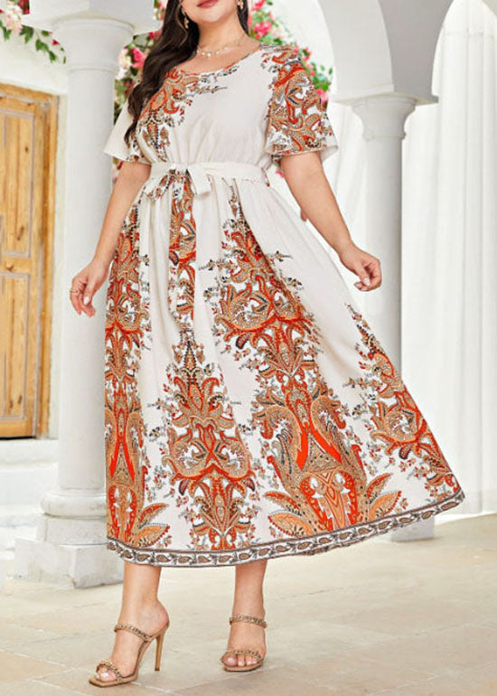 Plus Size Beige Print Tie Waist Patchwork Chiffon Long Dresses Short Sleeve