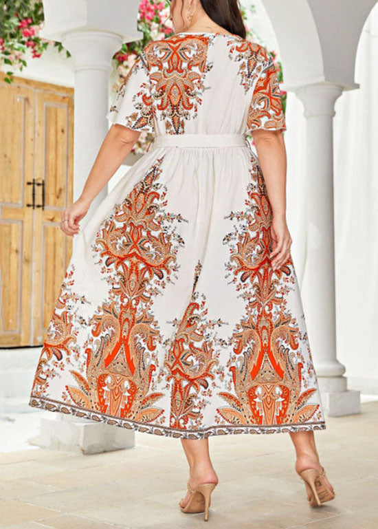 Plus Size Beige Print Tie Waist Patchwork Chiffon Long Dresses Short Sleeve