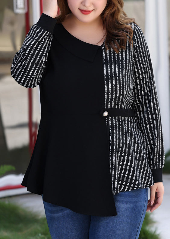 Plus Size Black Asymmetrical Striped Patchwork Chiffon Shirt Long Sleeve