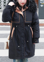 Plus Size Black Fur Collar Cinched Fine Cotton Filled Winter Coats