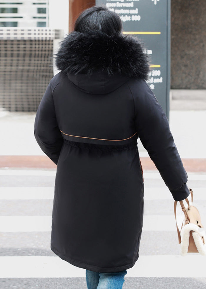 Plus Size Black Fur Collar Cinched Fine Cotton Filled Winter Coats