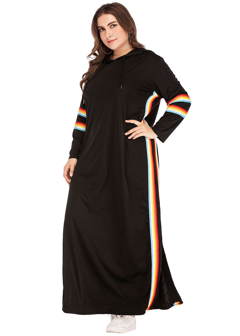 Plus Size Black Hooded Striped Side Open Patchwork Cotton Maxi Dresses Fall