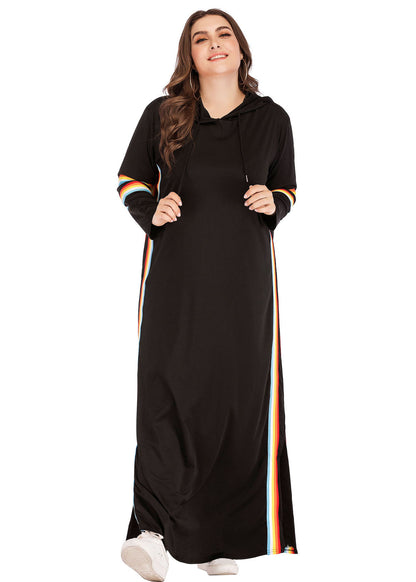 Plus Size Black Hooded Striped Side Open Patchwork Cotton Maxi Dresses Fall