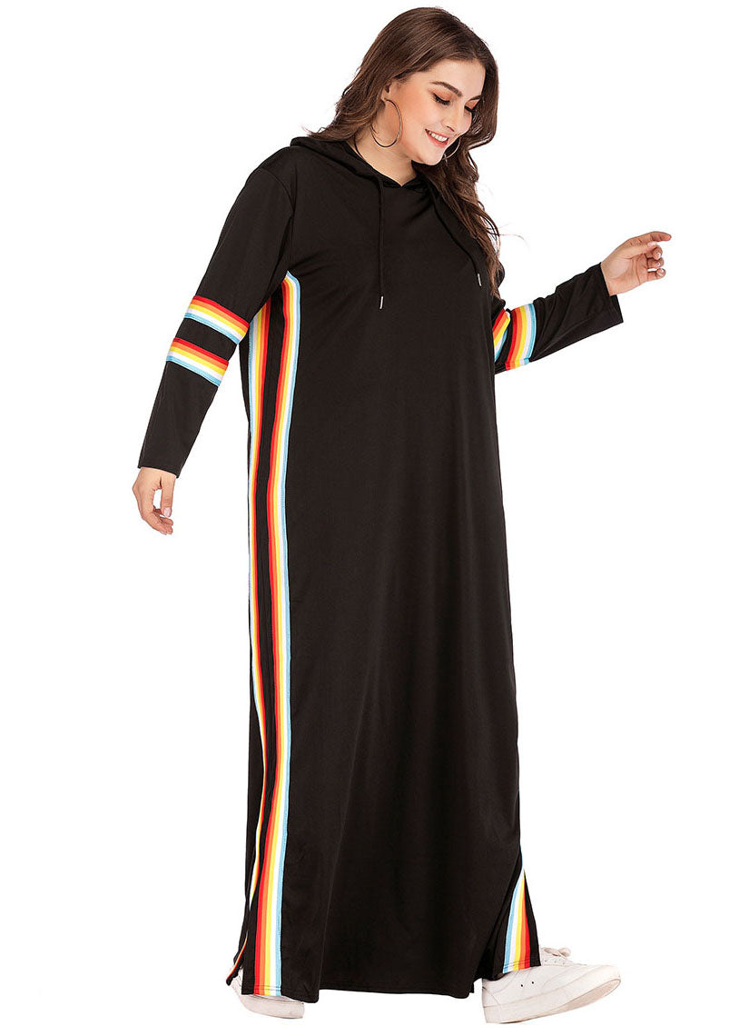 Plus Size Black Hooded Striped Side Open Patchwork Cotton Maxi Dresses Fall