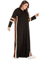 Plus Size Black Hooded Striped Side Open Patchwork Cotton Maxi Dresses Fall