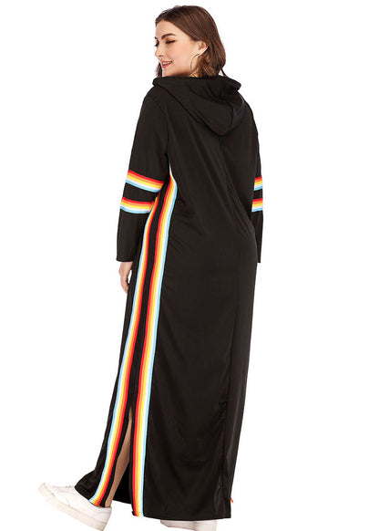Plus Size Black Hooded Striped Side Open Patchwork Cotton Maxi Dresses Fall