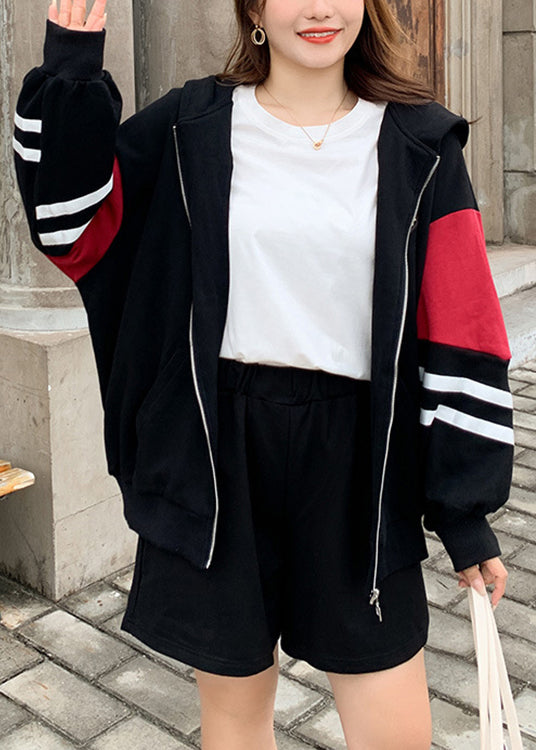 Plus Size Black Hooded Zippered Patchwork Cotton Coats Fall