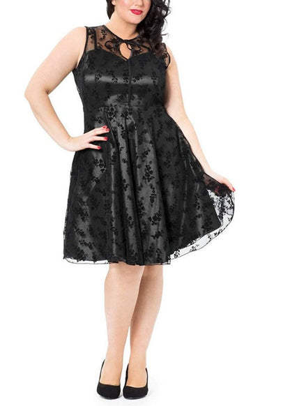 Plus Size Black O-Neck Print Tulle Patchwork Mid Dresses Summer