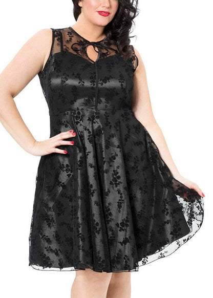 Plus Size Black O-Neck Print Tulle Patchwork Mid Dresses Summer