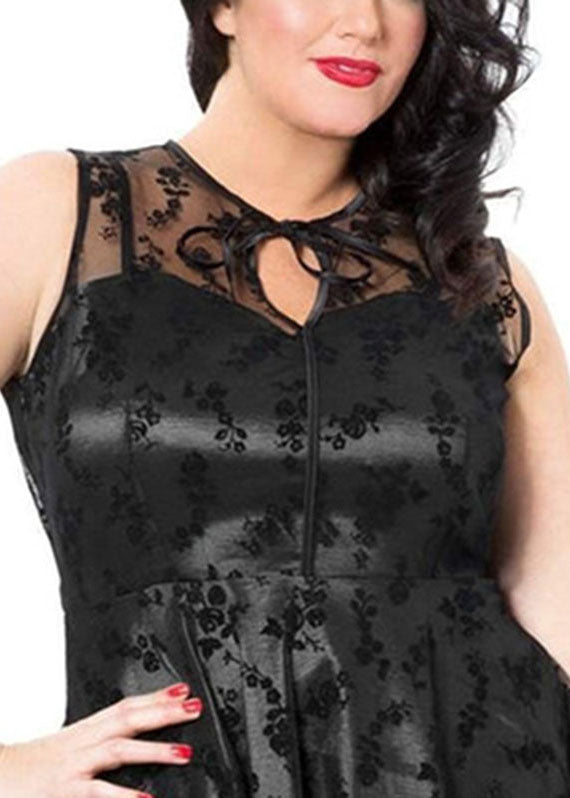 Plus Size Black O-Neck Print Tulle Patchwork Mid Dresses Summer