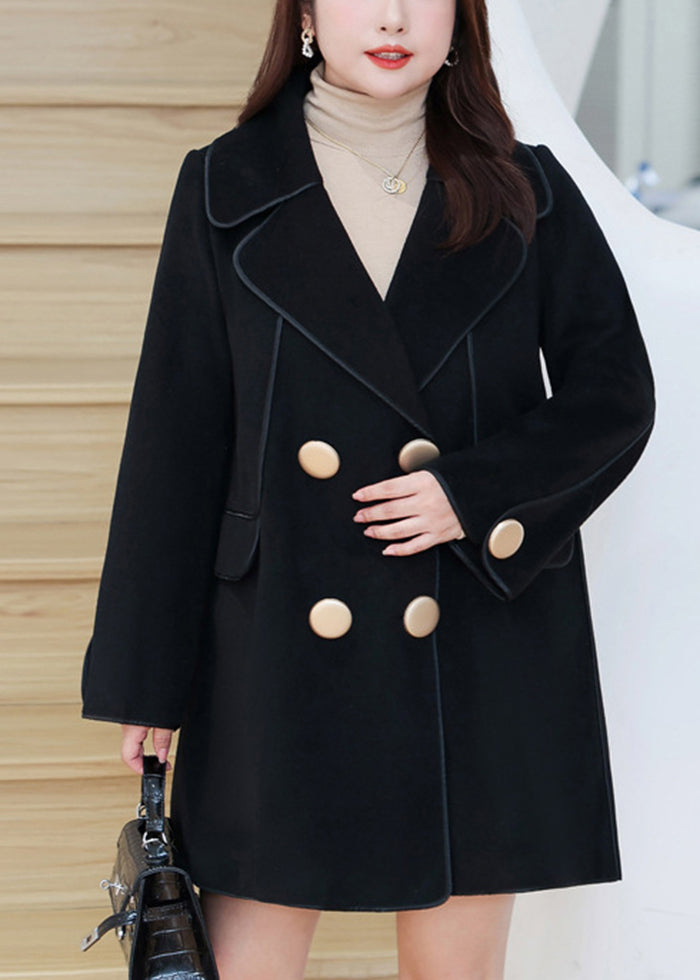 Plus Size Black Oversized Double Breast Woolen Coats Fall