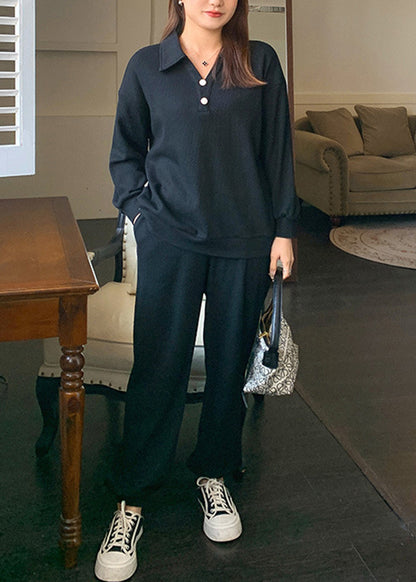 Plus Size Black Peter Pan Collar Elastic Waist Cotton Two Pieces Set Fall