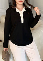 Plus Size Black Peter Pan Collar Patchwork Cotton Blouse Top Fall
