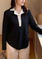 Plus Size Black Peter Pan Collar Patchwork Cotton Blouse Top Fall