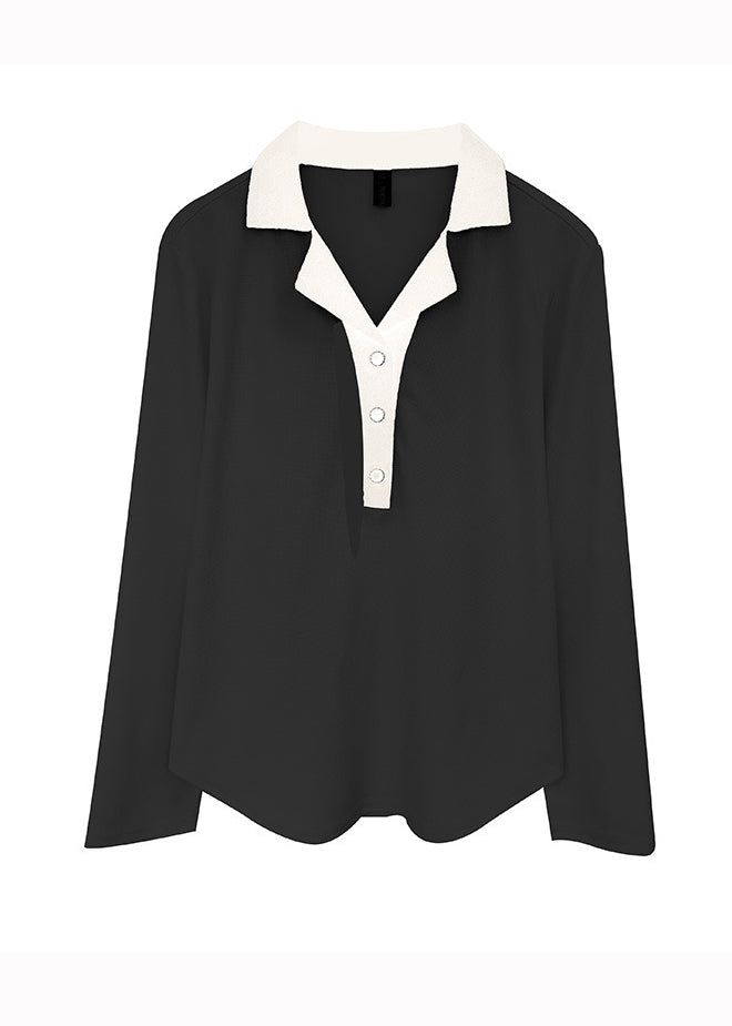 Plus Size Black Peter Pan Collar Patchwork Cotton Blouse Top Fall