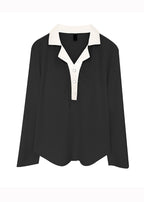 Plus Size Black Peter Pan Collar Patchwork Cotton Blouse Top Fall