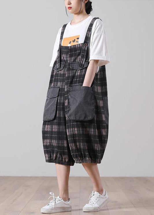 Plus Size Black Plaid Jeans Jumpsuit Shorts Cotton