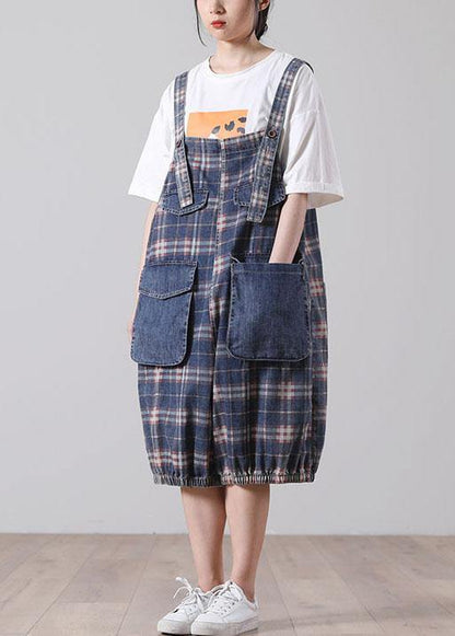 Plus Size Black Plaid Jeans Jumpsuit Shorts Cotton