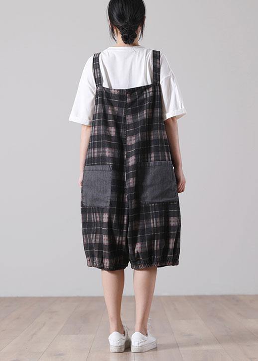 Plus Size Black Plaid Jeans Jumpsuit Shorts Cotton