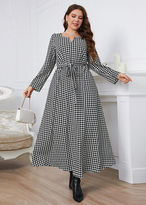 Plus Size Black Plaid O-Neck Tie Waist Long Dress Fall