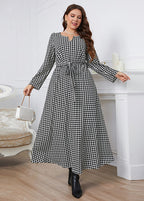Plus Size Black Plaid O-Neck Tie Waist Long Dress Fall