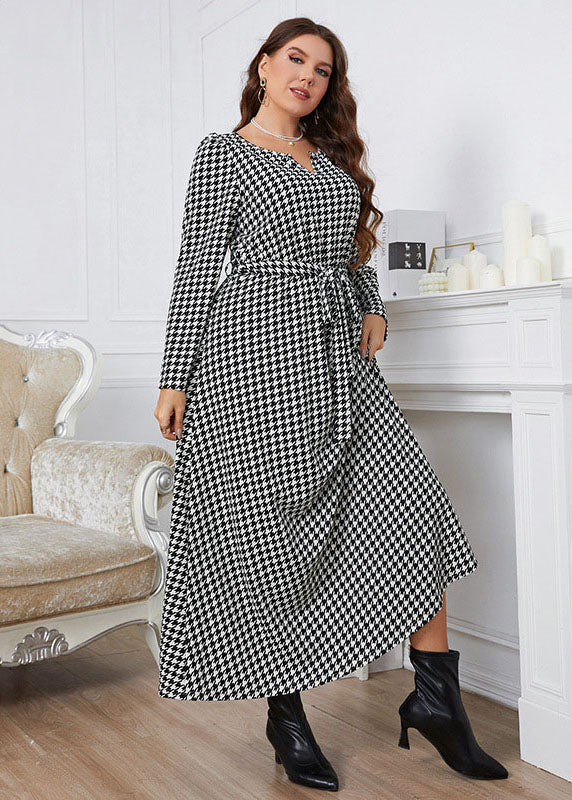 Plus Size Black Plaid O-Neck Tie Waist Long Dress Fall