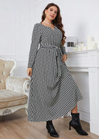 Plus Size Black Plaid O-Neck Tie Waist Long Dress Fall