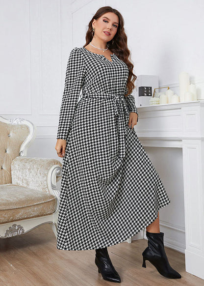 Plus Size Black Plaid O-Neck Tie Waist Long Dress Fall