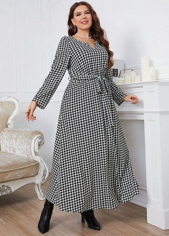 Plus Size Black Plaid O-Neck Tie Waist Long Dress Fall