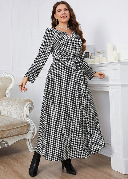 Plus Size Black Plaid O-Neck Tie Waist Long Dress Fall