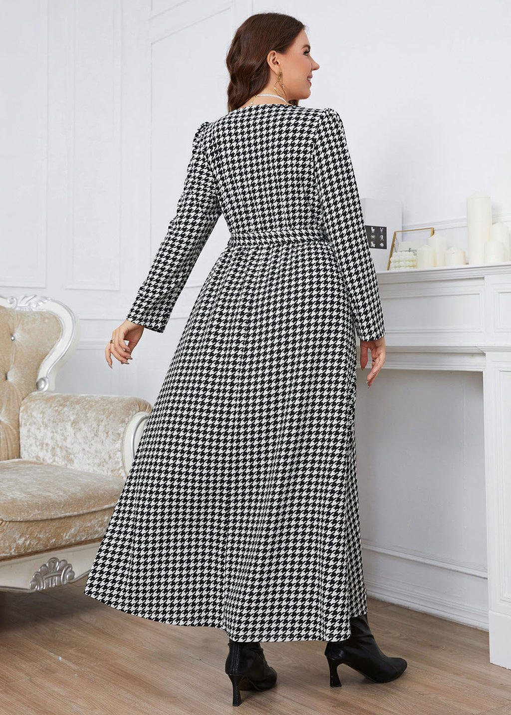 Plus Size Black Plaid O-Neck Tie Waist Long Dress Fall