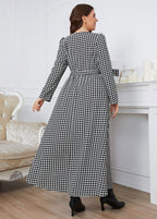 Plus Size Black Plaid O-Neck Tie Waist Long Dress Fall