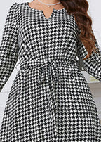 Plus Size Black Plaid O-Neck Tie Waist Long Dress Fall