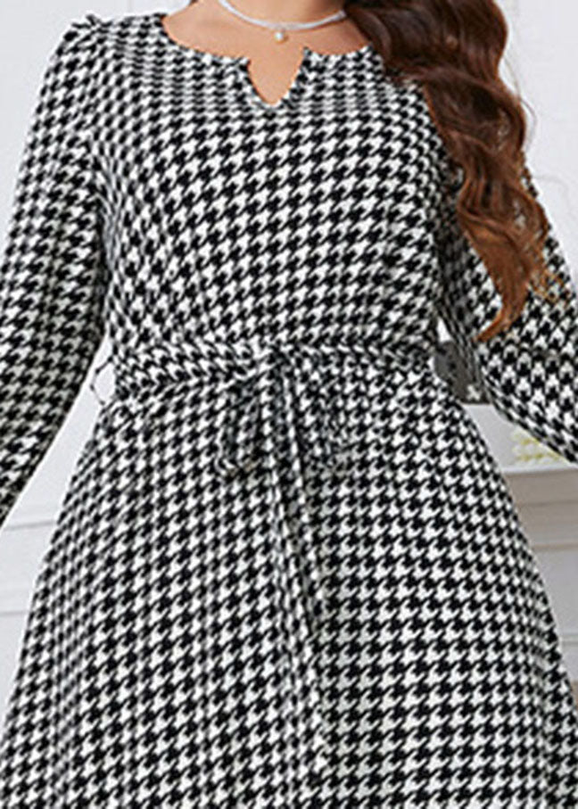 Plus Size Black Plaid O-Neck Tie Waist Long Dress Fall