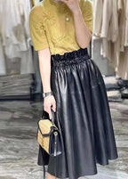 Plus Size Black Pockets wrinkled Patchwork Sheepskin Fall Skirt