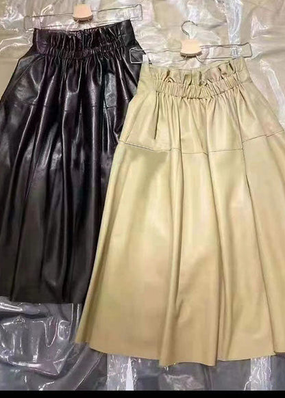 Plus Size Black Pockets wrinkled Patchwork Sheepskin Fall Skirt