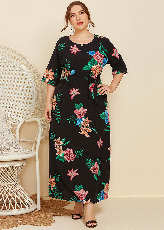 Plus Size Black Print Tie Waist Patchwork Cotton Long Dresses Summer