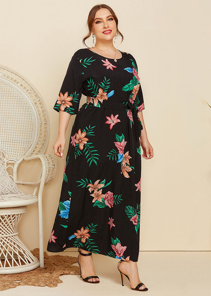 Plus Size Black Print Tie Waist Patchwork Cotton Long Dresses Summer