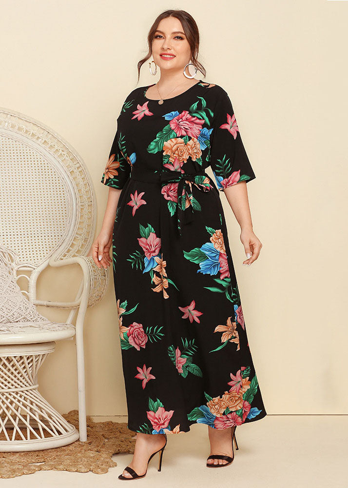 Plus Size Black Print Tie Waist Patchwork Cotton Long Dresses Summer