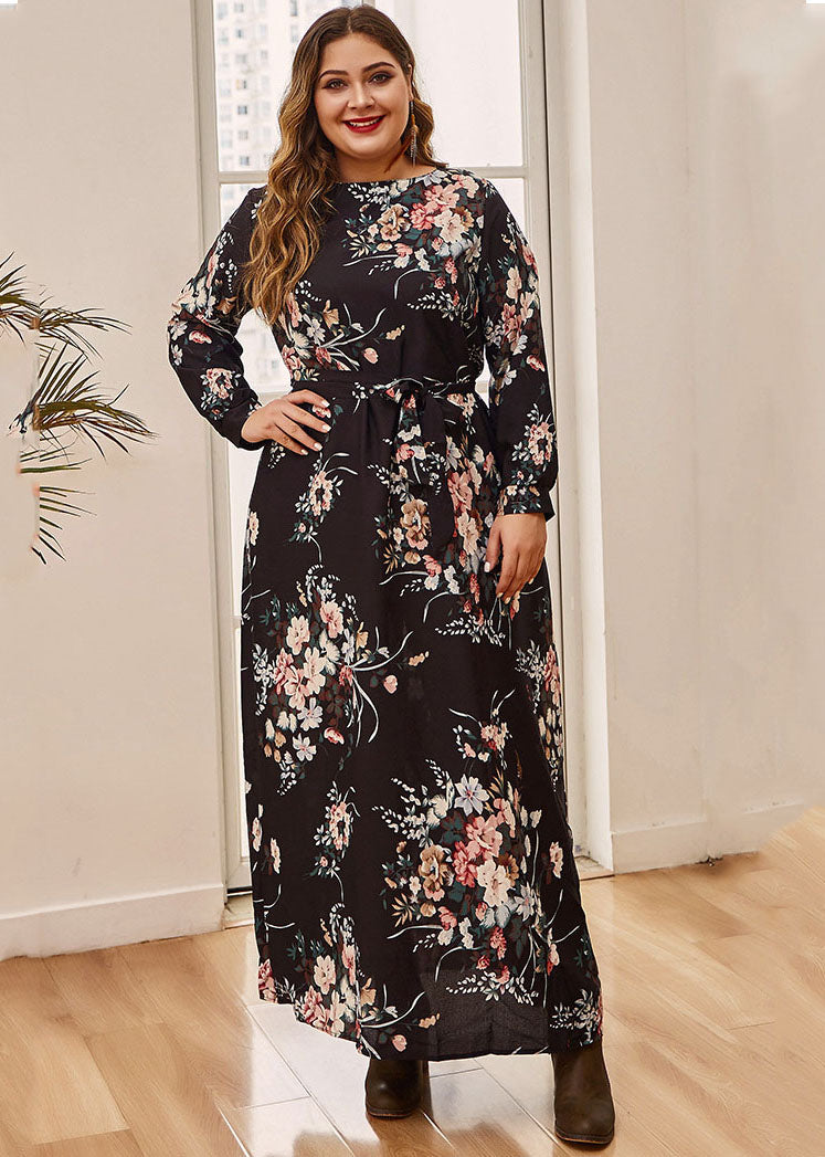 Plus Size Black Print Tie Waist Vacation Long Dresses Fall